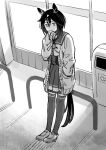  1girl against_railing animal_ears bow cardigan ear_covers greyscale hair_between_eyes hand_in_pocket hand_to_own_mouth horse_ears horse_girl horse_tail horseshoe_ornament kumunatsu looking_at_viewer monochrome multicolored_hair pleated_skirt railing recycle_bin sailor_collar shoes skirt sleeves_past_fingers sleeves_past_wrists solo stay_gold_(umamusume) streaked_hair tail thighhighs umamusume 