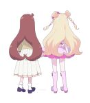  2girls ahoge blonde_hair blue_shoes boots braid braided_base brown_hair bun_with_braided_base chii_(chi_pppuri) commentary_request double_bun facing_away forked_hair from_behind full_body hair_bun hand_on_own_arm in-franchise_crossover jacket kirarigaoka_middle_school_uniform kiratto_pri_chan konomi_inori long_hair long_skirt multiple_girls nijinosaki_dia onegai_aipri pink_boots pink_skirt pleated_skirt pretty_series school_uniform shoes simple_background skirt socks standing very_long_hair white_background white_skirt white_socks yellow_jacket 