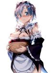  bad_revision basket blue_eyes blue_hair blush breasts breasts_outside closed_mouth cowboy_shot detached_sleeves downscaled_revision embarrassed hair_ribbon highres holding looking_at_viewer maid md5_mismatch medium_breasts nipples nose_blush re:zero_kara_hajimeru_isekai_seikatsu red_ribbon redcomet rem_(re:zero) ribbon short_hair simple_background solo standing white_background wide_sleeves 