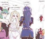  1boy 6+girls absurdres animification artist_name ass black_cat_(marvel) blue_bodysuit bodysuit commentary darkstalkers elsa_(frozen) english_commentary english_text fire_emblem fire_emblem_awakening frozen_(disney) gwen_stacy highres jpsklr kasane_teto kasane_teto_(sv) lucina_(fire_emblem) marvel marvel_vs._capcom mary_jane_watson morrigan_aensland multicolored_bodysuit multiple_girls pantyhose print_bodysuit red_bodysuit skirt speech_bubble spider-man spider-man:_brand_new_day spider-man_(original_suit) spider-man_(series) spider_web_print superhero_costume twitter_username two-tone_bodysuit utau 