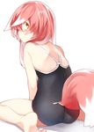  animal_ears bare_legs bare_shoulders barefoot between_legs black_swimsuit blush competition_school_swimsuit ears_down fox_ears fox_tail from_behind haatia_(otokuyou) hand_between_legs highres looking_back one-piece_swimsuit original otokuyou pink_hair profile short_hair simple_background sitting soles solo swimsuit tail tail_slit_clothes wariza white_background yellow_eyes 