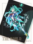  1girl armor breasts chest_jewel commentary_request full_body green_eyes green_hair hand_on_own_chest high_ponytail highres horns large_breasts long_hair pneuma_(xenoblade) ponytail signature single_horn solo tarot the_world_(tarot) ui_frara xenoblade_chronicles_(series) xenoblade_chronicles_2 