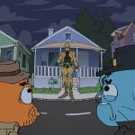  2boys 3boys 4boys beard blonde_hair blue_skin cloud colored_skin cosplay crossover darent_z darwin_watterson dio_brando east-west_crossover facial_hair fedora gumball_watterson hat highres house jacket jojo_no_kimyou_na_bouken joseph_joestar joseph_joestar_(old) joseph_joestar_(old)_(cosplay) kujo_jotaro kujo_jotaro_(cosplay) looking_at_another male_focus multiple_boys night outdoors road sky stardust_crusaders street stubble the_amazing_world_of_gumball top_hat tree yellow_jacket 