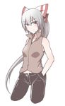  bow cropped_legs fujiwara_no_mokou hands_in_pockets kuroba_rapid long_hair pants red_eyes silver_hair simple_background sleeveless solo touhou unbuttoned very_long_hair white_background 