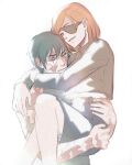  2girls commentary eyepatch green_hair highres hug jujutsu_kaisen kugisaki_nobara lumen_sky multiple_girls orange_hair scar scar_on_face short_hair zen'in_maki zen'in_maki_(post-shibuya) 