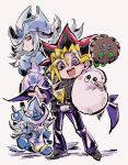  1boy 2others absurdres belt black_shirt blonde_hair blue_jacket blue_pants brown_fur colored_skin commentary_request dual_persona duel_monster gloves grey_background grey_hair hair_over_one_eye hat highres jacket julian_nora14 kuriboh long_hair marshmallon millennium_puzzle multicolored_hair multiple_others muto_yugi open_mouth pants pink_skin purple_eyes shirt silent_magician silent_magician_lv4 simple_background smile white_gloves white_hat wizard_hat yu-gi-oh! 