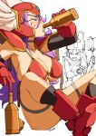  2girls 3amsoda armor beer_bottle bikini bikini_armor blush boots bottle breasts cleavage closed_eyes dragon_quest dragon_quest_iii drinking gloves hat helmet highres holding holding_staff large_breasts long_hair multiple_girls priest_(dq3) purple_hair red_bikini red_boots red_gloves red_helmet staff swimsuit tabard thigh_strap warrior_(dq3) white_background winged_helmet 