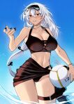  1girl anchor_necklace ball belt bikini black_bikini black_nails black_ribbon black_sarong blue_sky breasts brown_eyes cleavage collarbone commentary_request glasses hair_between_eyes hair_ribbon highres holding holding_ball jewelry kantai_collection long_hair musashi_(kancolle) necklace ribbon sarong sky solo swimsuit thigh_belt thigh_strap visor_cap volleyball_(object) white_hair yunamaro 