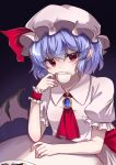 1girl ascot bat_wings blue_hair brooch closed_mouth collared_shirt commentary cup frilled_wrist_cuffs frills hat hat_ribbon highres holding holding_cup jewelry looking_at_viewer medium_hair mob_cap oroka_(e7zg5) pink_hat pink_shirt pink_skirt pointy_ears puffy_short_sleeves puffy_sleeves red_ascot red_eyes red_wrist_cuffs remilia_scarlet ribbon shirt short_sleeves single_wrist_cuff skirt skirt_set smile solo teacup touhou wings wrist_cuffs 