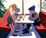  3girls absurdres bang_dream! bang_dream!_yumemita black_vest blonde_hair blue_hair booth_seating burger commentary_request diner fast_food food french_fries gommotheworld hair_bun highres ice_cream ice_cream_float korean_commentary long_hair long_sleeves manager_(bang_dream!) melon_soda menu minetsuki_ritsu_(real) multiple_girls nakamachi_arale_(real) necktie open_mouth restaurant short_hair smile soda table twintails vest 