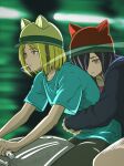  2girls absurdres animal_ears aqua_shirt black_hair blonde_hair cat_ears cat_girl cigarette closed_mouth collarbone commentary_request etsushimaru_yakuko fallen_angels_(movie) film_grain front-to-back highres long_sleeves motor_vehicle motorcycle multiple_girls multiple_riders on_motorcycle riding riding_motorcycle shirt short_hair short_sleeves smallstone246 smoking t-shirt yani_neko yellow_eyes yurufuwa_anal_tenshi_hameko 
