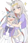  2girls ahoge animal_ears blue_eyes blue_hairband blush bow bowtie closed_mouth collar commentary ear_covers ear_ornament fang flying_sweatdrops grey_hair grey_tail hair_between_eyes hair_ornament hairband headband highres horse_ears horse_girl horse_tail hug hug_from_behind leash long_hair multicolored_hair multicolored_hairband multiple_girls oguri_cap_(umamusume) open_mouth pink_collar pleated_skirt puffy_short_sleeves puffy_sleeves purple_bow purple_bowtie purple_shirt red_headband sailor_collar sailor_shirt school_uniform shirt short_sleeves skin_fang skirt smile striped_clothes striped_hairband summer_uniform sweat tail tamamo_cross_(umamusume) tracen_school_uniform two-tone_hairband umamusume white_sailor_collar white_skirt zaijian_(xxx1148297) 
