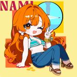  1girl arm_support bare_shoulders bikini bikini_top_only blue_pants blush bracelet breasts character_name chibi chibi_only cleavage commentary compass denim earrings full_body green_bikini highres jeans jewelry log_pose long_hair looking_at_viewer medium_breasts nami_(one_piece) navel one_eye_closed one_piece open_mouth orange_eyes orange_hair pants pearl_earrings sandals sitting solo stomach swimsuit toes v wavy_hair zenithvaltor 
