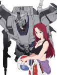  1girl beam_rifle black_sports_bra breasts christina_mackenzie commentary_request crop_top dog_tags earth_federation energy_gun green_eyes gundam gundam_0080 gundam_gquuuuuux helmet highres holding holding_unworn_helmet long_hair looking_at_viewer mecha mecha_pilot_suit midriff mobile_suit red_hair robot science_fiction smile solo sports_bra taku1122 unworn_headwear unworn_helmet weapon 
