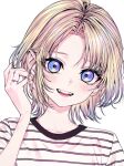  1girl 596_(_gokuraku_joudo) alternate_hair_length_(shorter) alternate_hairstyle blonde_hair blue_eyes blue_hair collarbone fangs gradient_hair looking_at_viewer love_live! love_live!_hasu_no_sora_jogakuin_school_idol_club multicolored_hair open_mouth osawa_rurino pinstripe_pattern pinstripe_shirt portrait shirt short_hair simple_background solo virtual_youtuber white_background white_shirt 