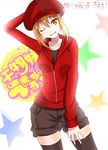  black_legwear black_shorts brown_eyes brown_hair character_request collarbone doma_umaru grin guanghe_zuoyong_de_de_yezi hat himouto!_umaru-chan long_hair one_eye_closed red_hat red_sweater shorts smile solo star sweater thighhighs 