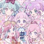  5girls :d :o ahoge aozora_himari aqua_eyes blue_bow blue_dress blue_eyes blue_hair blue_streaks bow bowtie chii_(chi_pppuri) closed_mouth collared_shirt commentary_request dress frilled_dress frills hair_bow heart heart_hands hibino_matsuri hibino_matsuri_(primagista) highres himitsu_no_aipri idol_land_pripara in-franchise_crossover katasumi_amari kiratto_pri_chan long_hair looking_at_viewer manaka_laala momoyama_mirai multicolored_hair multiple_girls open_mouth orange_bow orange_bowtie pink_bow pink_eyes ponytail pretty_series pripara purple_eyes purple_hair shirt smile streaked_hair twintails waccha_primagi! white_shirt yellow_bow 