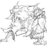  1girl :3 :d cerberus clawed_boots commentary_request dog_girl dog_hair_ornament dot_nose flower frilled_skirt frills greyscale hair_flower hair_ornament hatching_(texture) inui_toko inui_toko_(1st_costume) japanese_clothes kimono linear_hatching long_hair long_skirt low_twintails maid_headdress monochrome monster nijisanji open_mouth oshaka_(haguki) pleated_skirt simple_background sketch skirt sleeves_past_fingers sleeves_past_wrists smile standing through_portal twintails very_long_hair virtual_youtuber 