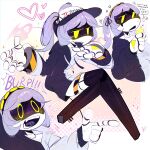  1girl absurdres commentary english_commentary english_text grey_hair hairband hat highres humanoid_robot j_(murder_drones) jacket looking_at_viewer mechanical_arms mechanical_hands multiple_persona murder_drones robot sd_annii short_hair solo twintails white_hair yellow_eyes 