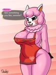  2016 absurd_res alpaca animal_crossing anthro apron big_breasts blush breasts camelid cleavage clothed clothing dialogue drako1997 english_text eyelashes female half-closed_eyes hands_behind_back hi_res looking_at_viewer mammal naked_apron nintendo open_mouth reese_(animal_crossing) solo text video_games 