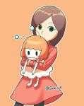  2girls antennae black_eyes black_pantyhose blush bob_cut brown_eyes brown_hair commentary_request doll dress gloves guest_f_(mii) highres holding hug in-franchise_crossover long_sleeves looking_at_viewer mii_(nintendo) miifighterss2 multiple_girls nintendo no_mouth ondoku-chan orange_background orange_hair outline pantyhose red_dress rhythm_tengoku rhythm_tengoku_miracle_stars short_hair simple_background solo twitter_username white_outline 