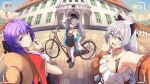  3girls :d ahoge bicycle black_dress black_shoes blue_eyes blue_sky breasts brick_floor bronya_zaychik casual cleavage closed_mouth cloud cloudy_sky cup dress english_commentary flagpole frilled_shirt frills grey_eyes grey_hair holding holding_cup homu_(honkai_impact) honkai_(series) honkai_impact_3rd indonesia indonesian_flag jacket jakarta kiana_kaslana milk_tea multiple_girls mush_(mushlicious) official_art open_mouth outdoors purple_eyes purple_hair raiden_mei second-party_source shirt shoes sky smile thighhighs viewfinder white_hair white_jacket white_shirt white_thighhighs 