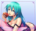  apple ass blue_hair breasts cleavage collarbone food fruit green_eyes hair_down hatsune_miku holding holding_food holding_fruit long_hair looking_at_viewer manmaru_tamago medium_breasts open_mouth pillow romeo_to_cinderella_(vocaloid) solo vocaloid 