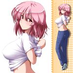  alternate_costume arms_behind_back ass blush breasts character_name contemporary curvy eyebrows eyebrows_visible_through_hair full_body highres large_breasts midriff nori_tamago pants pink_hair red_eyes saigyouji_yuyuko shirt shoes short_hair sneakers solo standing t-shirt touhou upper_body white_shirt zoom_layer 