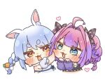  2girls :3 ahoge animal_ear_fluff animal_ears black_shirt blue_eyes blue_hair blush bow braid carrot_hair_ornament chibi chibi_only commentary cropped_torso food-themed_hair_ornament hair_bow hair_intakes hair_ornament hands_on_own_face heart hololive hololive_dev_is kikirara_vivi kikirara_vivi_(1st_costume) long_hair long_sleeves looking_at_another multiple_girls open_mouth pink_hair powapoco puffy_cheeks pushing_away pushing_face rabbit_ears rabbit_girl shirt short_eyebrows short_sleeves simple_background smile sparkling_eyes thick_eyebrows twin_braids twintails untranslatable_commentary usada_pekora usada_pekora_(1st_costume) virtual_youtuber white_background white_bow 