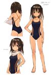  2016 arm_at_side artist_name ass bare_arms bare_legs bare_shoulders barefoot blush brown_eyes brown_hair closed_mouth collarbone competition_swimsuit cropped_legs dark_skin dated facing_away from_behind full_body hand_on_hip kantai_collection koruri multiple_views one-piece_swimsuit scarf sendai_(kantai_collection) shirt shirt_removed short_hair simple_background smile standing swimsuit tan translated twitter_username two_side_up undressing white_background white_scarf white_shirt 