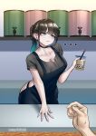 ... 1boy 1girl absurdres apron aqua_eyes aqua_hair artist_name ass barbell_piercing black_choker black_hair blue_apron breasts brown_shirt bubble_tea cafe choker cleavage collarbone commentary counter cup drinking_straw ear_piercing earrings english_commentary gradient_hair hand_on_table highres holding holding_cup indoors industrial_piercing jewelry lamp159568 large_breasts leaning_forward long_hair looking_up multicolored_hair multiple_earrings nearly_naked_apron original out_of_frame piercing ponytail pov saliva saliva_trail shirt short_sleeves solo_focus sound_effects speech_bubble sweatdrop thinking two-tone_hair variant_set yahan_(lamp159568) 