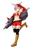  ;) alternate_costume antlers aoba_(kantai_collection) arm_up armpits bare_shoulders belt black_legwear blue_eyes blush boots breasts brown_footwear christmas elbow_gloves fake_horns gloves hair_between_eyes kantai_collection knee_boots leg_up looking_at_viewer medium_breasts messy_hair midriff miyoshi_(triple_luck) navel one_eye_closed pink_hair ponytail red_gloves red_scrunchie reindeer_antlers ribbon salute scrunchie shorts simple_background smile solo standing standing_on_one_leg thighhighs turret yellow_ribbon 