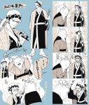  2boys anger_vein arrow_(symbol) bear_boy bepo_(one_piece) commentary_request facial_hair hat holding japanese_clothes kimono kiyoshita looking_at_another male_focus motion_lines multiple_boys multiple_views one_piece sandals short_hair speech_bubble standing sword trafalgar_law translation_request weapon 