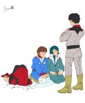 4boys aeug amuro_ray black_pants blue_hair blue_jacket boots bright_noa brown_hair closed_eyes commentary_request crack cracked_floor crossed_arms cushion earth_federation grey_jacket gundam gundam_zz hands_on_lap highres in_trouble_template_(meme) jacket judau_ashta kamille_bidan meme military_rank_insignia military_uniform mobile_suit_gundam multiple_boys pants red_jacket red_shoes science_fiction seiza shoes sitting sweatdrop white_background white_pants ykkanxykkan zabuton zeta_gundam 