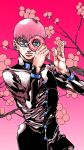  1boy araki_hirohiko_(style) blue_eyes closed_mouth commentary_request cowboy_shot crosshatching donut food gakuran gradient_background hatching_(texture) highres holding holding_donut holding_food jojo_no_kimyou_na_bouken long_hair male_focus official_style original pink_background pink_hair saradaver school_uniform short_hair solo tree 