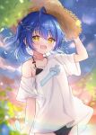 1girl absurdres ahoge amamiya_kokoro amamiya_kokoro_(7th_costume) bikini bikini_under_clothes black_bikini blue_hair blue_sky blush breasts commentary_request cowboy_shot fang hair_ornament hand_up hat highres jewelry looking_at_viewer matcha_november medium_hair necklace nijisanji open_mouth outdoors print_shirt shirt sidelocks single_bare_shoulder single_off_shoulder skin_fang sky small_breasts smile solo straw_hat swimsuit t-shirt virtual_youtuber white_shirt x_hair_ornament yellow_eyes 