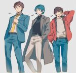  3boys amuro_ray blue_eyes blue_hair brown_hair business_suit coat commentary_request formal_clothes gundam gundam_zz highres jacket judau_ashta kamille_bidan kasumi_(skchkko) male_focus mobile_suit_gundam multiple_boys necktie open_clothes open_coat open_jacket pant_suit pants red_jacket suit suit_jacket zeta_gundam 