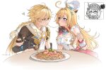  1boy 2girls absurdres aether_(genshin_impact) ahoge apron arm_armor blonde_hair blush braid brown_shirt camera charlotte_(genshin_impact) chef_hat chibi commentary couple cowlick eating english_text escoffier_(genshin_impact) food fork fork_hair_ornament genshin_impact hair_ornament hat heart heart_in_eye hetero highres holding holding_camera holding_fork imminent_kiss long_hair low-braided_long_hair low-tied_long_hair multiple_girls pasta pinksis plate scarf shirt simple_background single_braid spaghetti spoken_heart surprised sweat symbol_in_eye table twitter_username white_apron white_background white_hat white_scarf wrist_cuffs yellow_eyes 