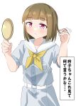  1girl absurdres blunt_bangs blush bob_cut breast_pocket brown_hair closed_mouth commentary cowboy_shot dress frown hand_mirror hasu_no_sora_school_uniform highres holding holding_mirror kachimachi_kosuzu lamchan love_live! love_live!_hasu_no_sora_jogakuin_school_idol_club mirror neckerchief pink_eyes pocket sailor_collar sailor_dress school_uniform short_hair short_sleeves side_ahoge simple_background solo summer_uniform translation_request virtual_youtuber white_background white_dress white_sailor_collar yellow_neckerchief 