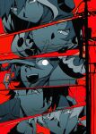  2girls 3boys :d black_eyes black_hair braid column_lineup earphones finger_to_mouth frown glowing glowing_eyes grin highres hood hood_up jacket kagerou_project kano_shuuya kido_tsubomi kisaragi_momo kisaragi_shintarou konoha_(kagerou_project) looking_at_viewer multiple_boys multiple_girls no_pupils one_eye_closed partially_colored phone power_lines red_background shushing sidu_(dsd_kgn) smile track_jacket utility_pole 
