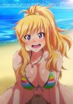  1boy 1girl beach blonde_hair blue_eyes bottomless breasts cleavage collarbone commentary_request cowgirl_position cum cum_in_pussy day front-tie_top happy_sex heart heart-shaped_pupils highres idolmaster idolmaster_cinderella_girls jewelry large_breasts long_hair looking_at_viewer motion_lines necklace o-ring o-ring_top ocean ootsuki_yui pov_crotch pubic_hair rainbow_bikini sex sidelocks solo_focus sparkle straddling striped_bikini_top sweat swimsuit symbol-shaped_pupils tanuki_(metaltanuki) vaginal 