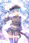  absurdres aqua_eyes aqua_hair belly_peek chuor_(chuochuoi) cowboy_shot gloves hat hatsune_miku highres long_hair looking_at_viewer peaked_cap petals revision senbon-zakura_(vocaloid) solo thighhighs twintails very_long_hair vocaloid zettai_ryouiki 