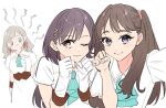  3girls 6th_live_dream_~bloom_garden_party~ blue_eyes brown_hair ceras_yanagida_lilienfeld clenched_hand clenched_hands closed_mouth commentary dream_believers dress fujishima_megumi grey_hair hair_ornament hair_ribbon jealous katsuragi_izumi llkapital long_hair looking_at_viewer love_live! love_live!_hasu_no_sora_jogakuin_school_idol_club multiple_girls pink_ribbon purple_eyes ribbon selfie short_sleeves shout_lines simple_background smile triangle_hair_ornament two_side_up untranslatable_commentary upper_body virtual_youtuber wavy_hair white_background white_dress 