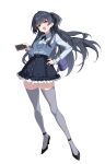  1girl absurdres bag black_hair black_ribbon black_shoes black_skirt blush breasts brown_eyes cellphone collared_shirt cross-laced_clothes cross-laced_skirt fang floating_hair full_body grey_thighhighs hair_ribbon hand_on_own_hip high_heels highres holding holding_phone idolmaster idolmaster_shiny_colors long_hair long_sleeves looking_at_viewer mayuzumi_fuyuko neck_ribbon open_mouth phone purple_bag ribbon shirt shoes shoulder_bag simple_background skirt smartphone solo sweat tamago_(eva1314056) thighhighs two_side_up white_background white_shirt zettai_ryouiki 