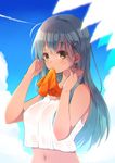  alternate_costume aqua_hair arms_at_sides bad_id bad_pixiv_id bare_shoulders brown_eyes cloud crop_top crop_top_overhang day from_side hair_between_eyes hair_ornament hairclip jakey kantai_collection long_hair looking_at_viewer midriff mouth_hold navel sky solo sunlight suzuya_(kantai_collection) upper_body 