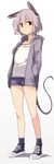  alternate_costume animal_ears blush casual collarbone full_body gradient gradient_background green_hair grey_hair hands_in_pockets hood hoodie kamukamu_(ars) legs long_sleeves looking_away mouse_ears mouse_tail nazrin open_clothes open_hoodie red_eyes shoes short_hair shorts simple_background sneakers solo tail touhou white_background 