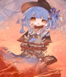  1girl bag black_bag black_bow black_bowtie black_capelet black_hat blue_hair blue_necktie blue_skirt bound bow bowtie braid braided_hair_rings burning capelet collared_shirt commentary_request contrast_collar cowboy_shot crying crying_with_eyes_open deerstalker execution grey_vest hair_bow hair_rings hat hat_bow highres layered_skirt long_sleeves mahou_shoujo_no_majo_saiban necktie open_mouth plaid_clothes plaid_skirt shirt short_hair skirt solo spoilers tachibana_sherry tears tied_to_stake tied_up_(nonsexual) unnmo_1102 vest white_shirt yellow_eyes 