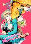  absurdres blonde_hair chounorin collarbone controller crossed_legs dio_brando earrings father_and_son food game_controller giorno_giovanna grin headband highres jacket jewelry jojo_no_kimyou_na_bouken male_focus multiple_boys open_mouth orange_eyes plate pudding rotational_symmetry smile spoon star translation_request turtleneck 