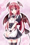  :d alternate_costume apron bat_wings black_legwear blush bow breasts checkered checkered_background cleavage cleavage_cutout colored_eyelashes cowboy_shot demon_tail dress enmaided frilled_dress frills hands_together head_wings highres koakuma lace_background large_bow long_hair looking_at_viewer maid maid_headdress medium_breasts open_mouth outline pointy_ears red_eyes red_hair reimei_(r758120518) round_teeth short_dress smile solo tail teeth thighhighs touhou very_long_hair waist_apron wings zettai_ryouiki 