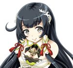  ahoge bare_shoulders black_hair breasts cleavage commentary_request crossed_arms detached_sleeves hair_ornament hair_tubes kantai_collection large_breasts long_hair looking_at_viewer mizuho_(kantai_collection) silver_eyes simple_background smile solo tk8d32 white_background 